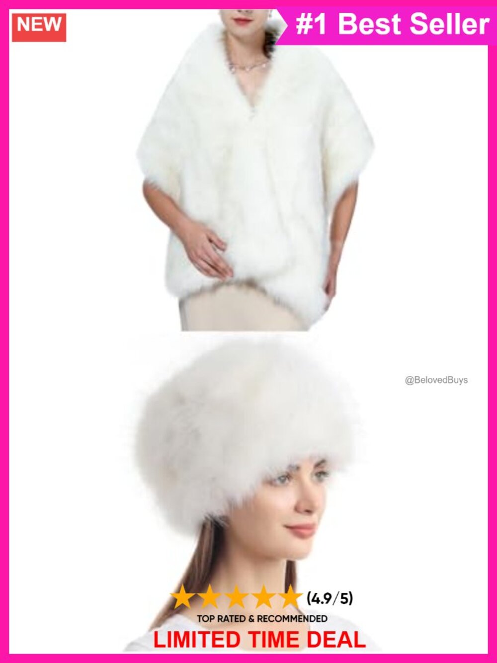 Faux Fur Long Shawl and Hat 2pc Set One Size